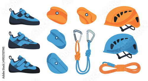Comprehensive set of rock climbing gear featuring colorful climbing shoes, holds, carabiners, safety ropes, and helmets.