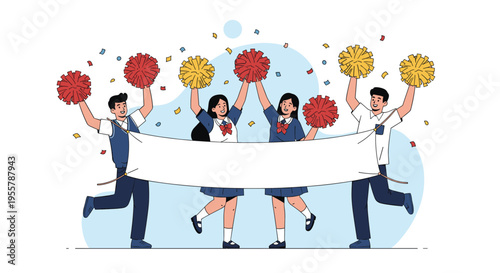 Excited students holding up a blank white banner and waving colorful pom-poms during a celebratory school event or game.