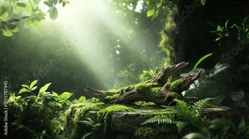 Natural mockup with stone platform and forest background for product display	