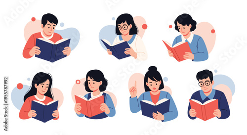 Diverse group of people deeply immersed in reading various books in different comfortable seated positions and settings.