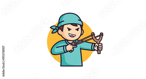 Determined cartoon boy wearing a bandana and a green shirt aiming a wooden slingshot with a focused and brave expression.