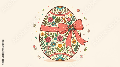 Beautifully decorated Easter egg illustration featuring intricate floral patterns and a charming polka dot bow, symbolizing spring celebration and holiday joy