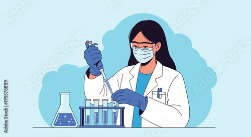 Professional female scientist in a lab coat and protective gear using a pipette to conduct experiments in a modern laboratory.