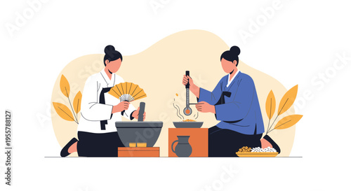 Women wearing traditional cultural clothing working together to cook food in large pots, celebrating heritage and teamwork.