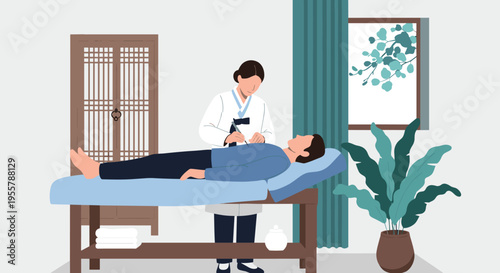 Traditional oriental medicine session where a practitioner in a white gown applies acupuncture to a patient in a clinic.
