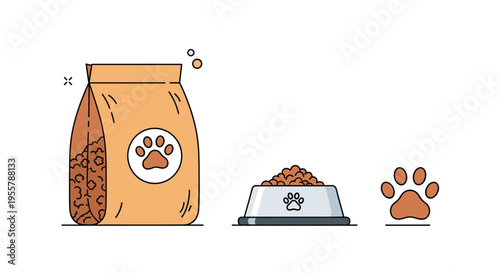 Pet supply illustration set featuring a large bag of dog food, a bowl filled with kibble, and a brown paw print icon.