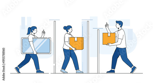 Three individuals moving household belongings like heavy boxes and a television set in a clean blue and white line style.