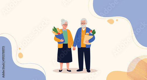 Senior couple holding hands and carrying grocery bags full of fresh vegetables, illustrating a happy and active retirement.