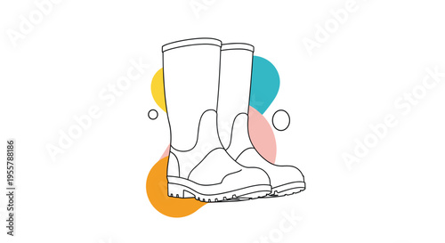 Pair of tall waterproof rubber boots depicted in a clean line art style with vibrant abstract shapes in the background.