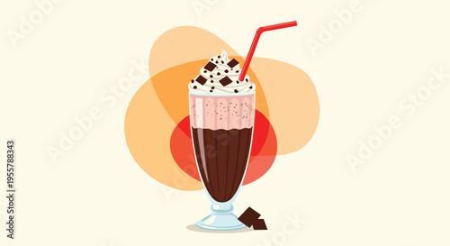 Sweet chocolate milkshake with whipped cream and chocolate chunks served in a glass with a red straw on yellow background.