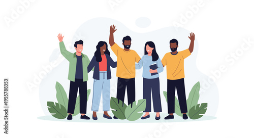 Group of five diverse young people standing together and waving their hands in a friendly greeting against a light background.