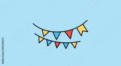 Colorful party bunting flags hanging on two strings against a light blue background for celebration and festive decoration.