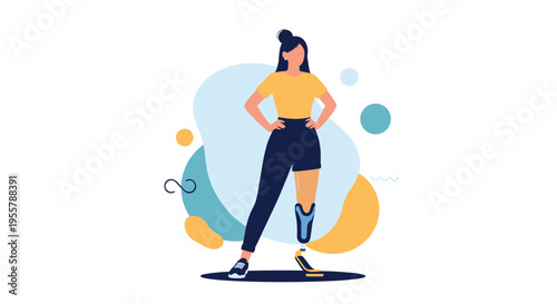 Confident young woman with a prosthetic leg standing with her hands on her hips on a decorative abstract background.