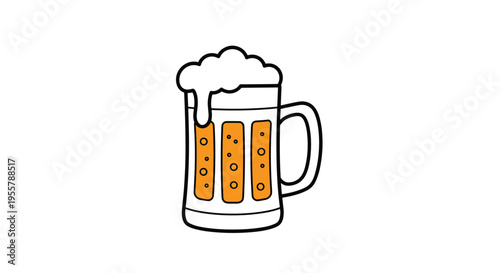 Cartoon illustration of a large glass mug filled with refreshing beer topped with thick white foam on a white background.