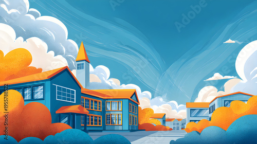 Educational kids' theme, sharp focus, vibrant colors, and wide sky area for school or weather app ads.