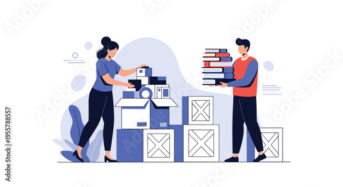 Man and woman working together to pack books and items into cardboard boxes for moving house or organizing storage.
