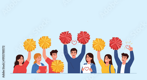 Group of enthusiastic young people holding pom-poms and hearts to show support and cheer for their favorite team or cause.
