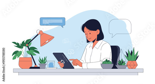 Professional woman sitting at her desk with plants and a lamp while using a tablet for work or digital communication.