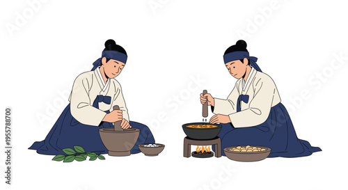 Two women in traditional Korean hanbok preparing food using a mortar and pestle and a large cooking pot over a fire.