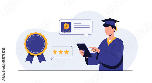 Male graduate in a gown and cap using a tablet computer to view his online awards, certificates, and five star ratings.