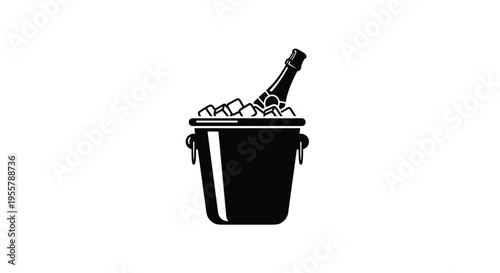 Simple black and white graphic icon of a champagne bottle cooling in a bucket filled with ice cubes for a celebration.