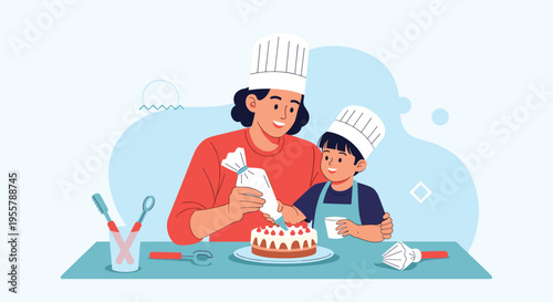 Happy father and his young son wearing chef hats and aprons while decorating a delicious strawberry cake together.