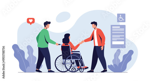 Man helping a woman in a wheelchair by pushing her and introducing her to another man in an accessible environment.