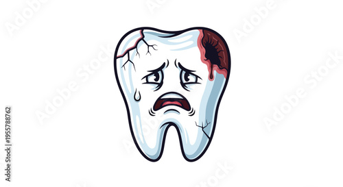 A cartoon tooth with a cracked and bloody surface expresses a worried and painful emotion on a white background.