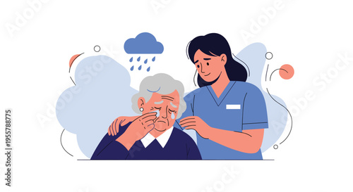 Compassionate young nurse in blue scrubs comforting a crying elderly woman with a caring hand on her shoulder.