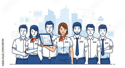 Group of professional business employees standing together while a woman in the center holds a digital tablet for display.