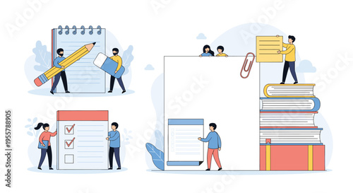 Diverse group of small people working together to organize tasks using giant papers, pencils, books, and checklists in an office setting.