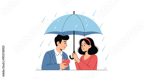 Loving young couple sharing a blue umbrella while standing in the rain as the man presents a red heart to the smiling woman.