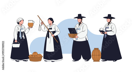 Characters dressed in traditional Korean hanbok engaged in various activities including using a laptop and weighing items with scales.