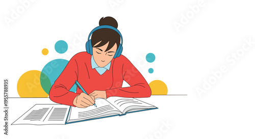Young female student wearing blue headphones while focused on writing and studying her lessons in a notebook on a desk.