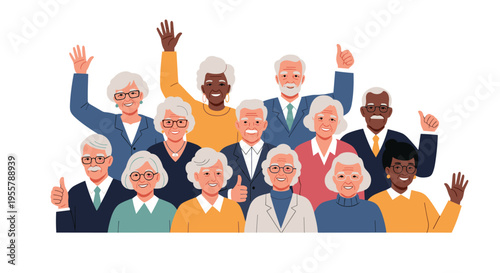 Large and diverse group of happy senior citizens smiling and waving their hands to celebrate community and healthy active aging.