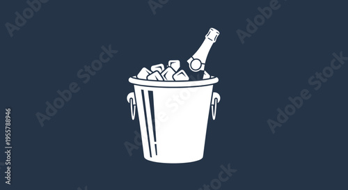 Simple white graphic of a champagne bottle placed inside an ice bucket filled with ice cubes on a dark blue background.