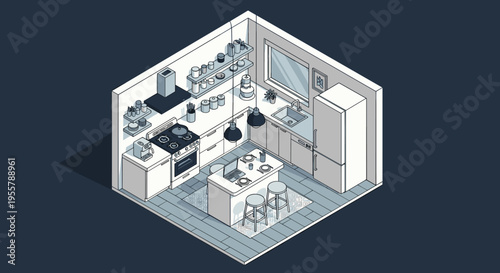 Modern and minimalist kitchen design shown in a monochromatic isometric perspective with sleek appliances and organized counters.