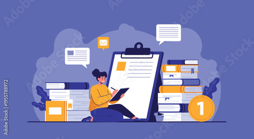 Young woman sitting on the floor and organizing her schedule using a giant clipboard, pens, and stacks of books in a purple office.