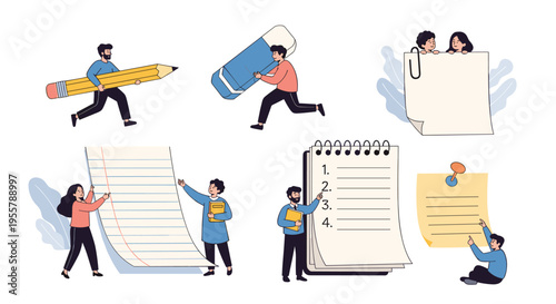 Set of small people interacting with giant office supplies including pencils, erasers, notebooks, and pins to manage their tasks.