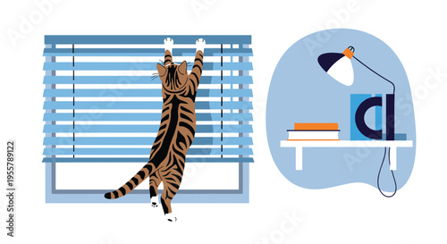 Playful brown tabby cat hanging from blue window blinds in a bright room next to a shelf with books and a desk lamp.