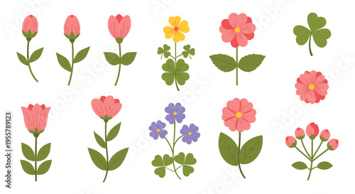 Colorful collection of spring flowers and botanical elements includes tulips, daisies, and clover on a clean white background.