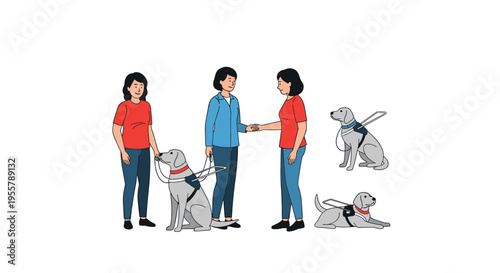 Group of service dog owners with their well-trained guide dogs in various poses including sitting and walking.