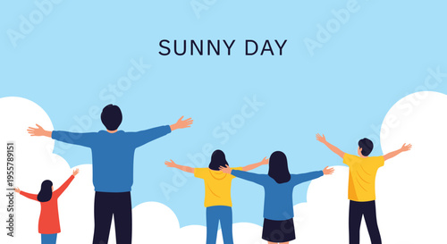 Group of five people standing with their backs to the viewer and arms raised toward the sky on a bright Sunny Day.