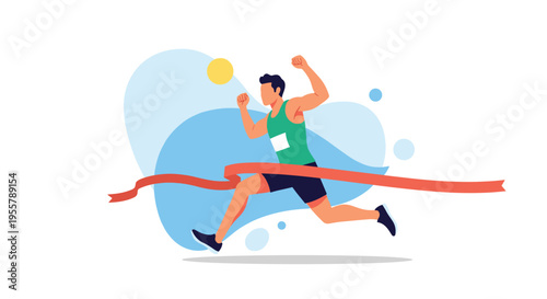 Determined male runner successfully crossing the red finish line tape with arms raised in victory during a race.