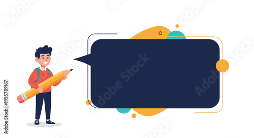 Happy young male student holding a giant pencil stands next to a large dark speech bubble for educational text or announcements.