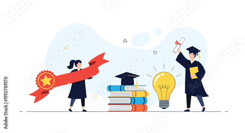 Graduated students celebrate their academic success with a trophy, stacks of books, and a glowing lightbulb representing new ideas.