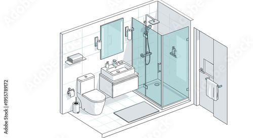 Modern bathroom interior design layout in an isometric view includes a glass shower, toilet, sink vanity, and various accessories.