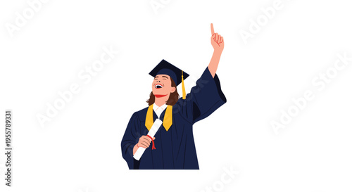 Excited female graduate in a dark blue academic gown and cap holds her diploma and points upward to celebrate her achievement.