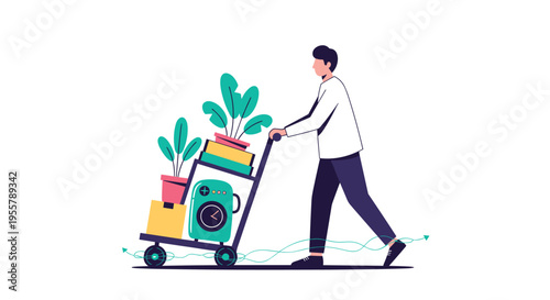 Young man moves several cardboard boxes and potted plants using a hand truck to relocate his belongings to a new home or office.