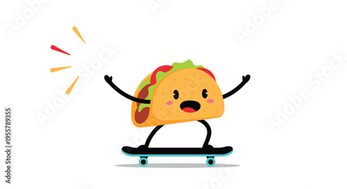 Cute cartoon taco character with a happy face performs a trick on a skateboard with bright energy lines on a white background.